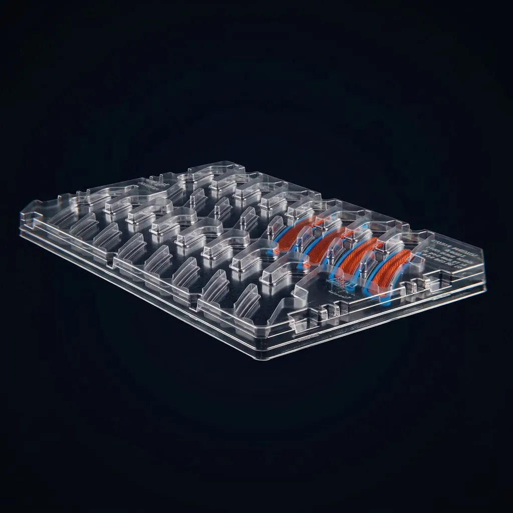 Automotive tray PET transparent filled with car parts – Scafa Thermoforming
